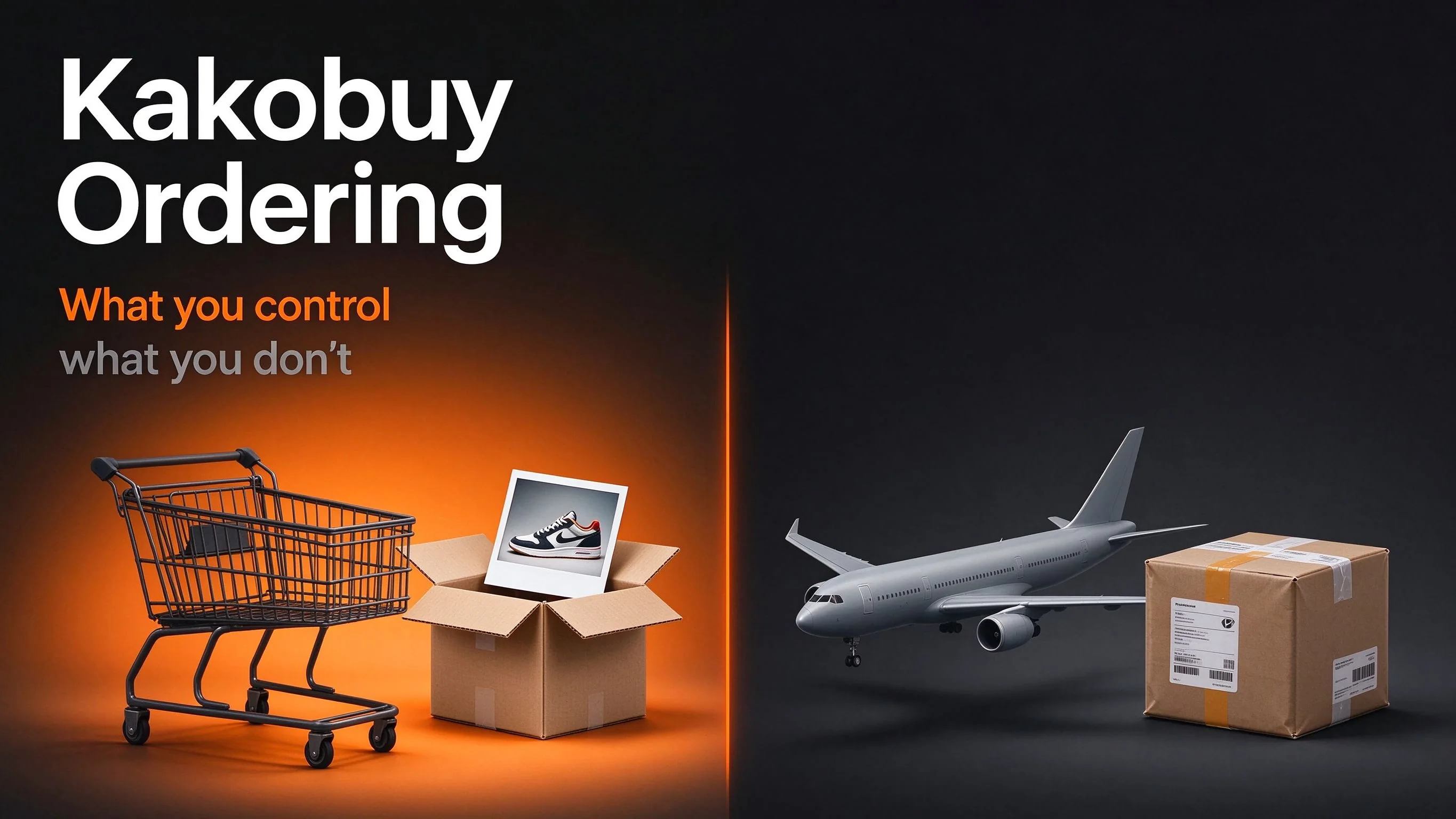 Kakobuy Ordering: what you control and what you do not Kakobuy Ordering cover showing a shopping cart, product box, airplane and parcel for buyer-controlled ordering stages