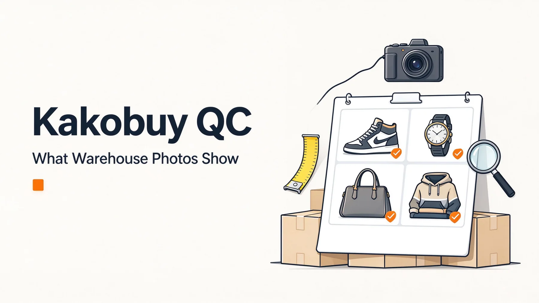 Illustration about Kakobuy QC warehouse photos, with sample shoes, a watch, handbag and hoodie on an inspection sheet