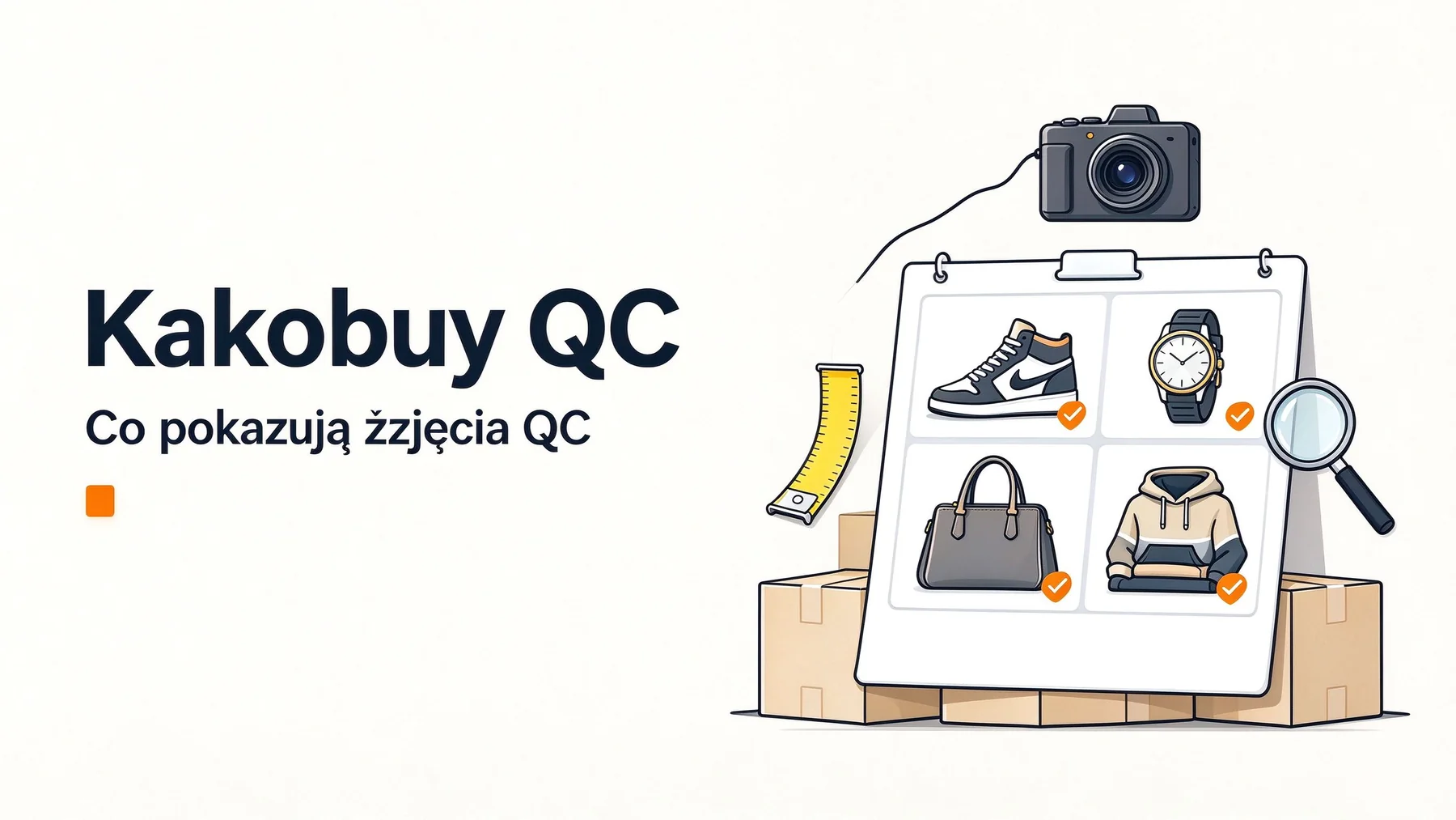 Ilustracja o zdjęciach QC z magazynu Kakobuy, z przykładowymi butami, zegarkiem, torebką i bluzą na karcie kontroli