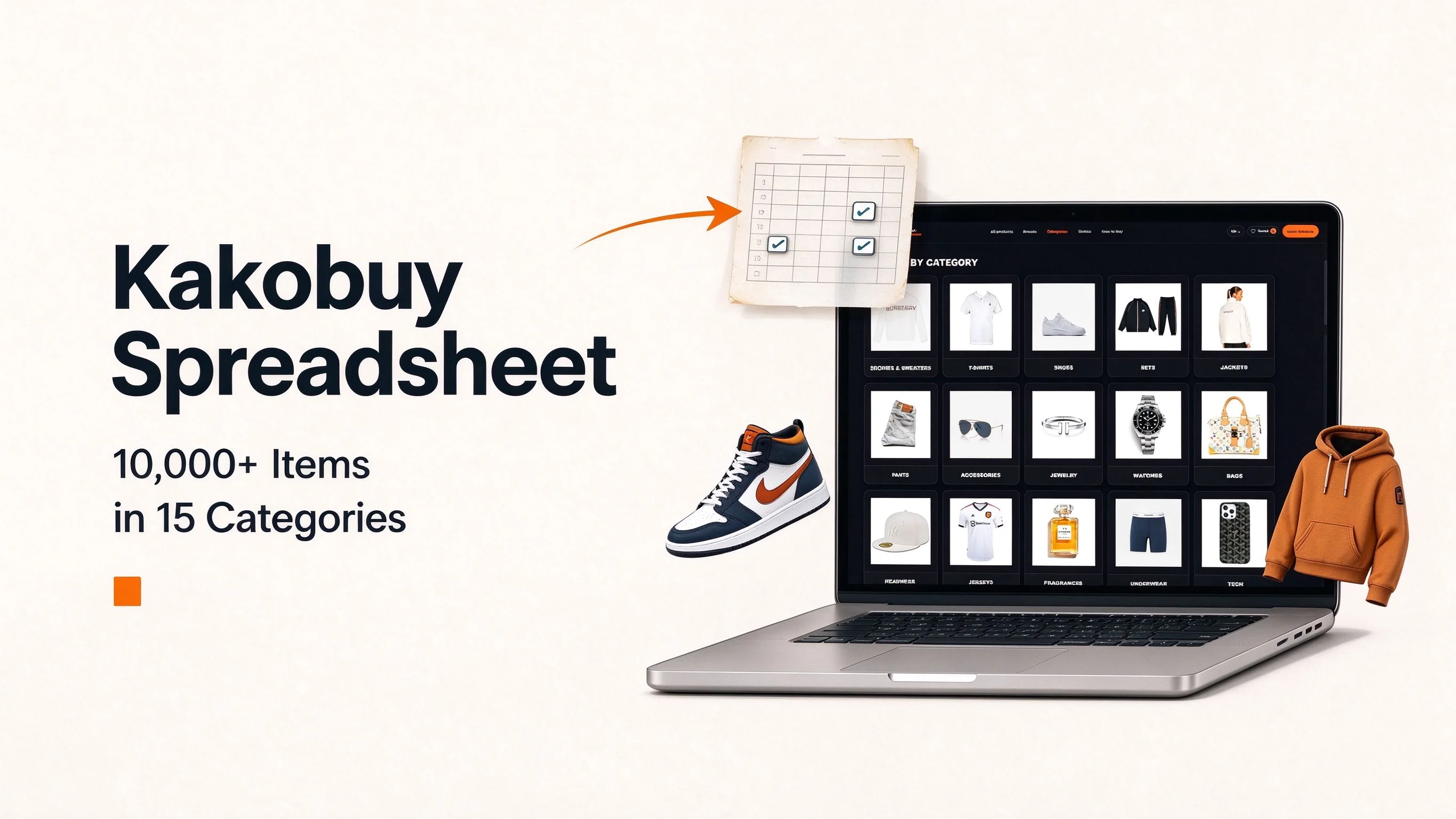 Kakobuy Spreadsheet catalogue cover showing 10K+ items in 15 categories on a laptop