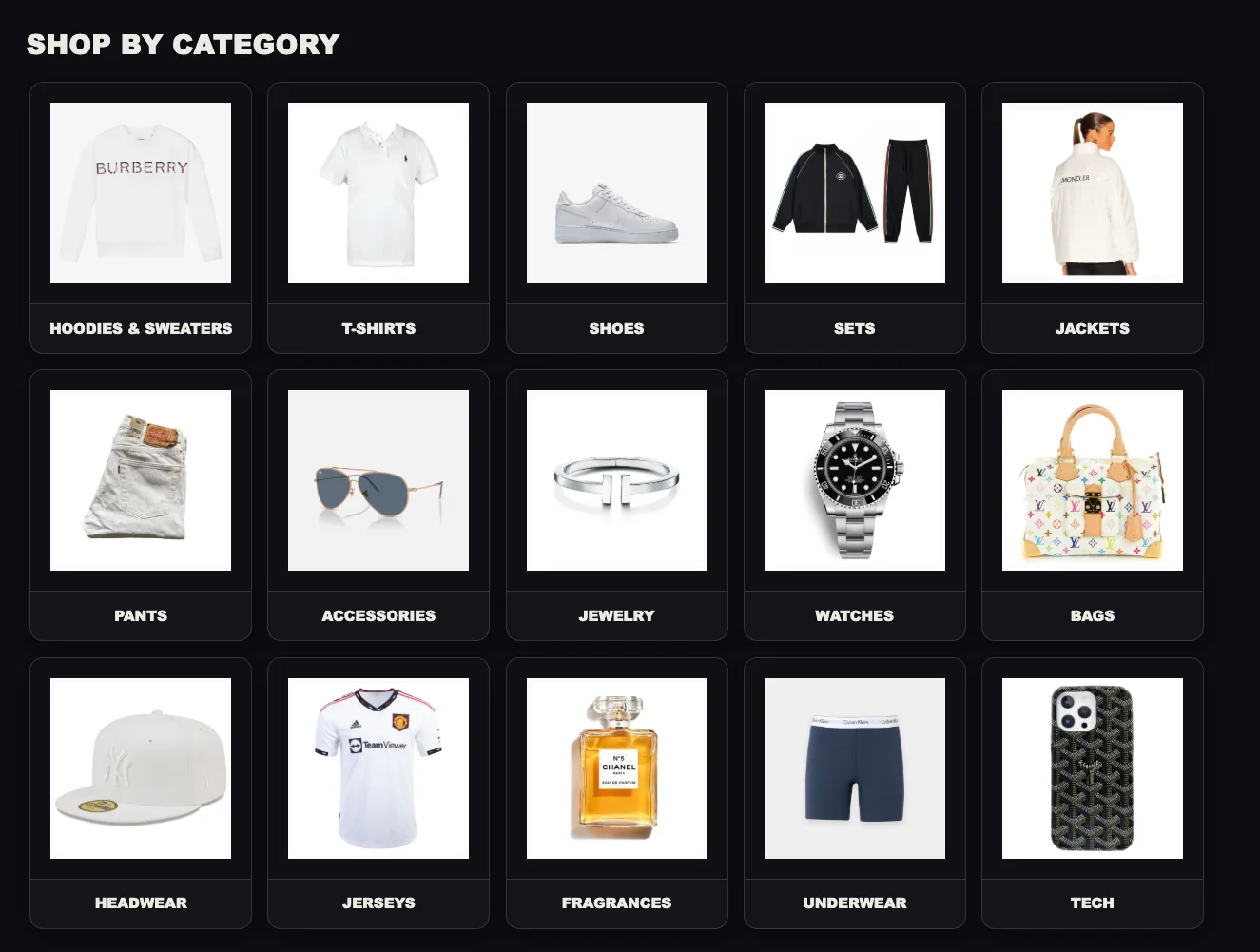 Browse Kakobuy Spreadsheet products by category Kakobuy Spreadsheet category grid showing product categories from clothing and shoes to watches, bags and tech