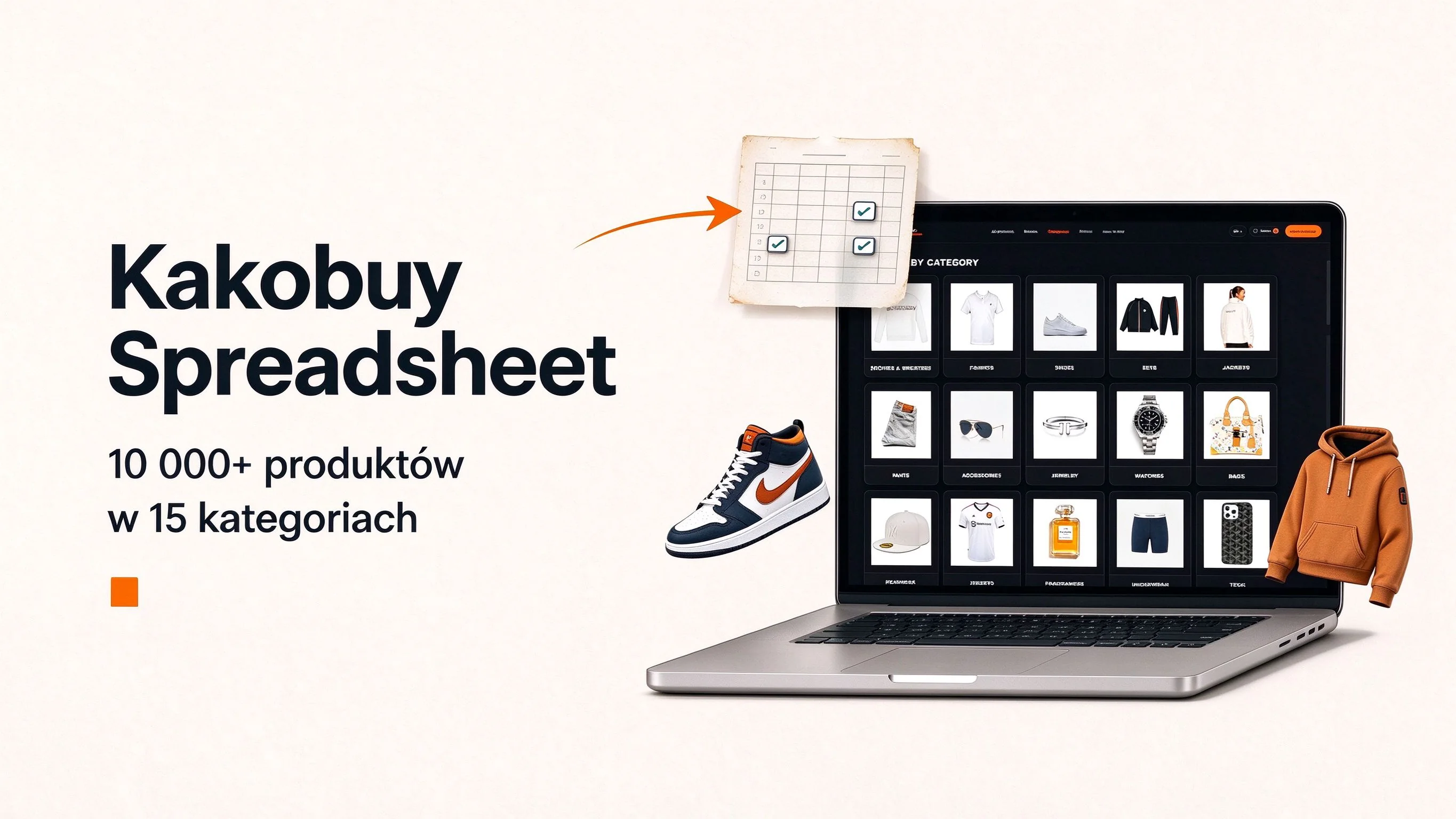 Okładka katalogu Kakobuy Spreadsheet pokazująca 10K+ produktów w 15 kategoriach na laptopie