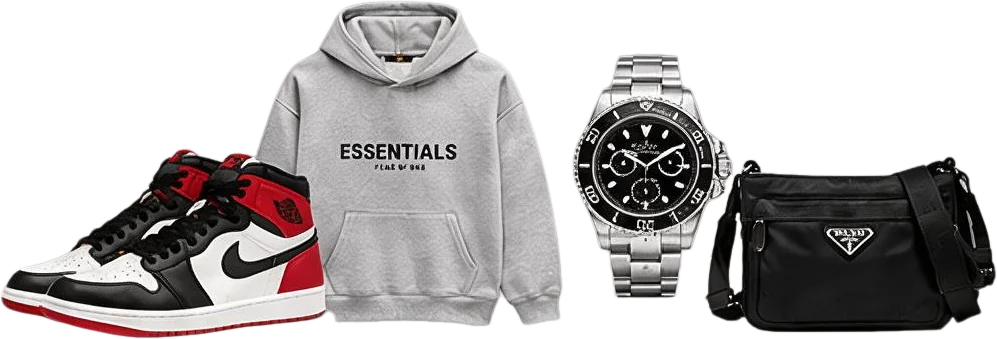 Nike sneakers, a grey hoodie, a luxury-style watch and a black shoulder bag from the Kakobuy Spreadsheet catalog