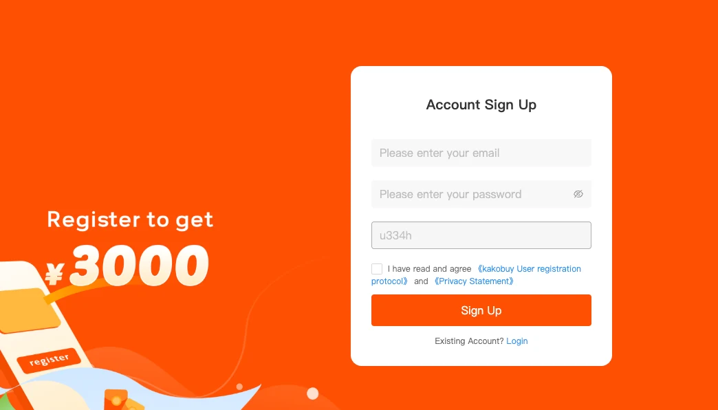 Kakobuy registration form with referral code u334h and the ¥3000 sign-up offer