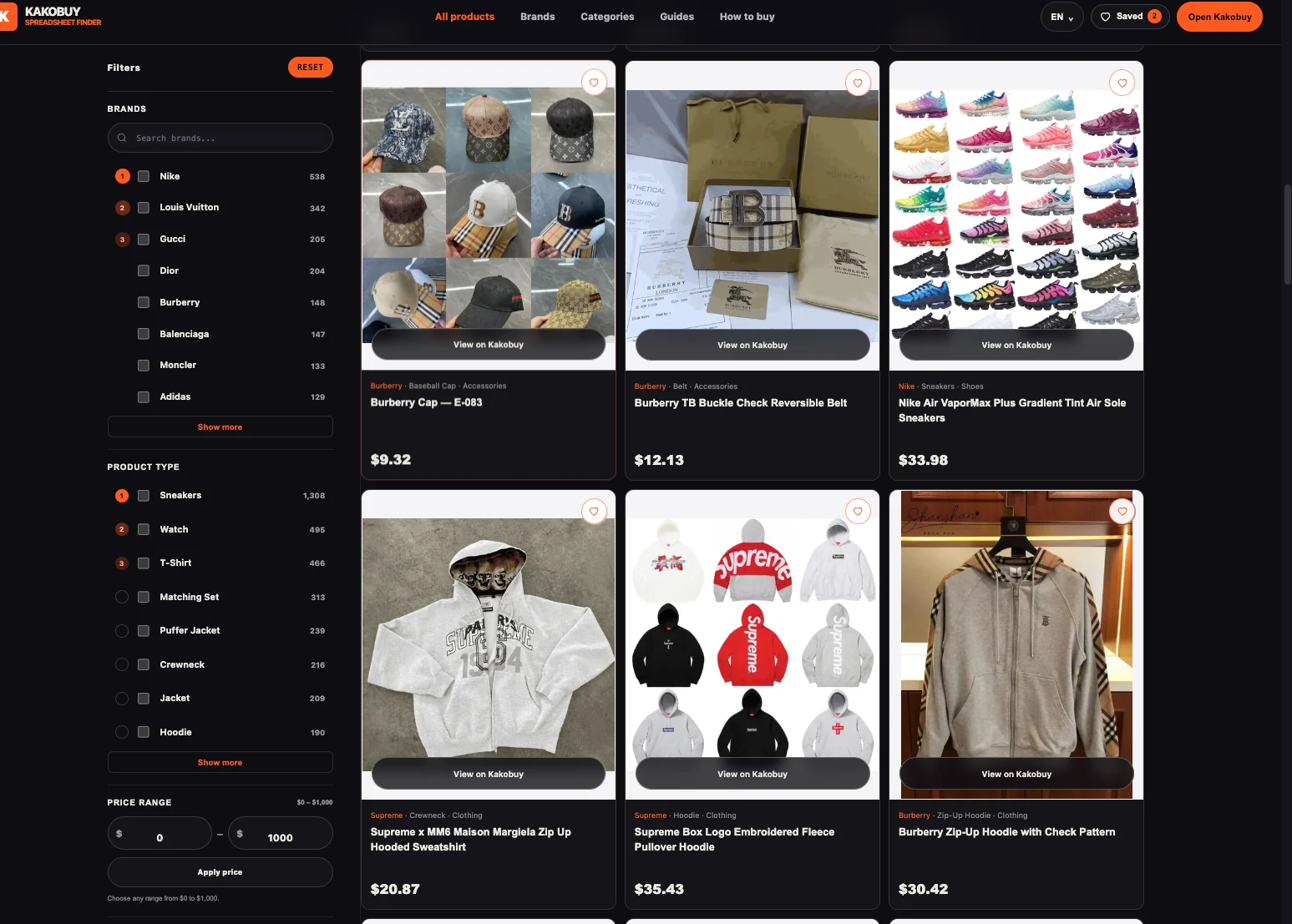 Kakobuy Spreadsheet catalog with brand, product type and price filters